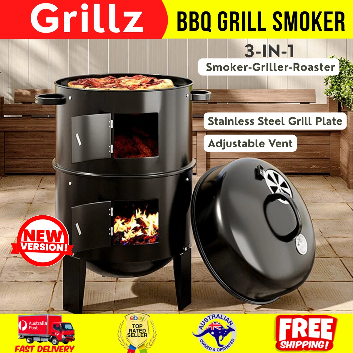 BBQ Smoker Portable Charcoal Outdoor Cooking Barbecue Meat Grill Roaster 3 In 1