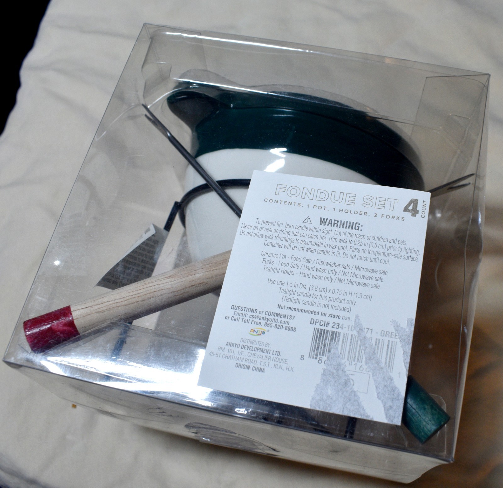 ANKYO Brand Mini Fondue Set-4 Piece-Green/White-Ceramic Pot/Holder-2 Forks NIB