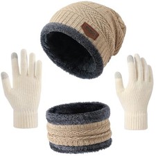 Winter Beanie Hat Circle Scarf Touchscreen Gloves Set, Snow Knit Skull Beige