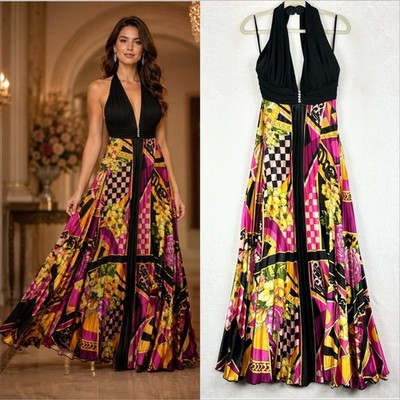 Betsy Adam Pleated Satin Halter Maxi Dress Size 12 Floral Party Special Occasion