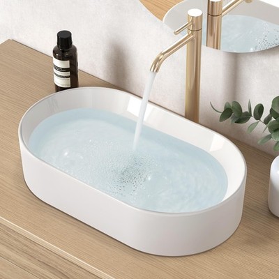 Bathroom Sink, White Vessel Sink for Bathroom, Oval Above Counter Ceramic Cou...