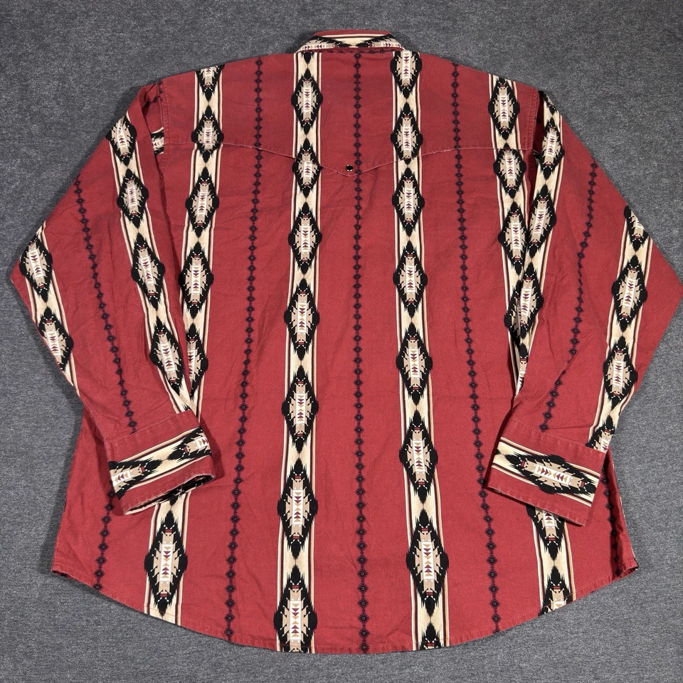 Vintage Wrangler Western Shirt Pearl Snap Mens Large Southwestern Aztec Red - Image 4 of 4