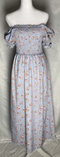 Floral Smocked Midi Dress Puff Sleeve Cottagecore Blue Summer Dress Size M