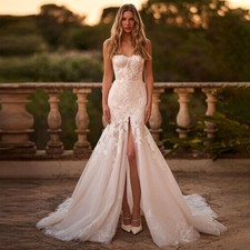 Chic Wedding Dress with Appliques Sleeveless Mermaid High Slit Button Bride Gown