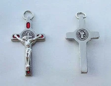 St Benedict Crucifix Pendant Nickel Plate Enamel - Red
