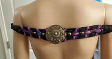 vtg 80s Braided belt size M/L Beaded Rope back hook gold tone beads Medallion EC