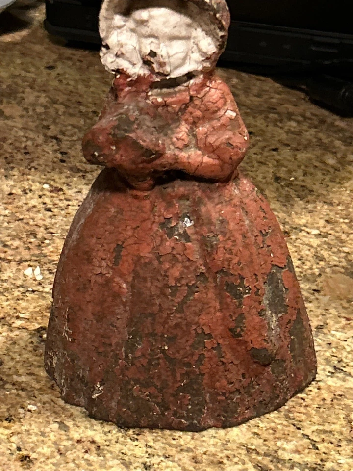 ANTIQUE FIGURAL CAST IRON DOORSTOP WOMAN HOLDING FLOWERS Original Paint - Image 4 of 4