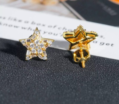 1 Ct Baguette & Round Cut Moissanite Star Stud Earrings 14K Yellow Gold Plated