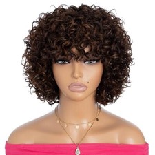 8" Curly Wig with Bangs, 10A Brazilian Virgin Hair, Mixed Brown
