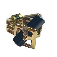 Vtg. Genuine Black Onyx Modernism Style Ring Sz. 6.5 - 18K Gold Electroplate USA