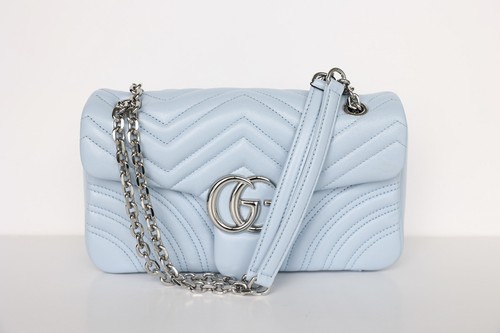 Gucci Marmont Medium GG $2850 Pastel Blue Leather Shoulder Bag New And Authentic