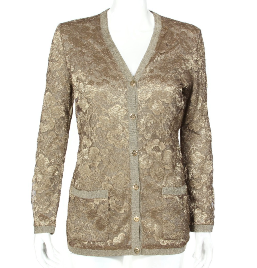 90s Ferragamo vintage ゴールド カーディガン SALVATORE FERRAGAMO Metallic Gold Lace Cardigan Button Sweater