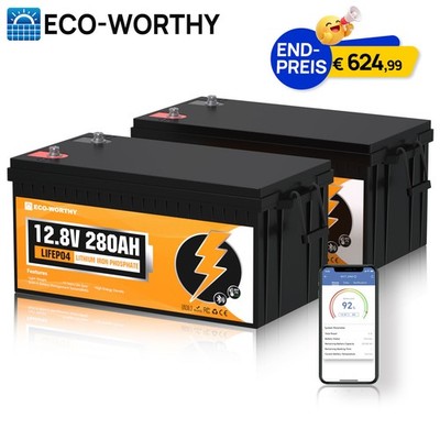 2 Pack 12V 280Ah Bluetooth LiFePO4 BMS Lithium Batterie 7168WH für Wohnmobile