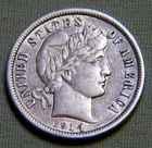 1914 D United States Silver Barber Dime - AU Grade Details - Item 652