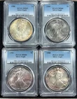 (3) 1986 & (1) 1988 PCGS MS64-66 American Silver Eagles - Toned