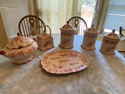 Vintage Cracker Barrel Red Transferware Stoneware Canister Set