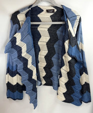 Principles Cardigan Open Wool Blend UK M Navy Cream Zig Zags Long Sleeve Shawl