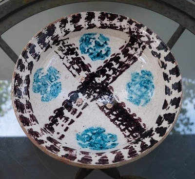 Antique Handmade Primitive 12” Redware Serving Bowl Painted Blue And Brown - Image 1 of 4