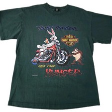 Vintage Harley-Davidson Looney Tunes Shirt Mens Large Green Bugs Taz 90s Hunger