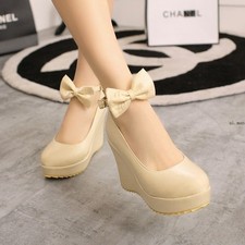 Women's Round Toe Wedge Heeled Platform Wedding Shoes Bow Tied Shoes Pumps