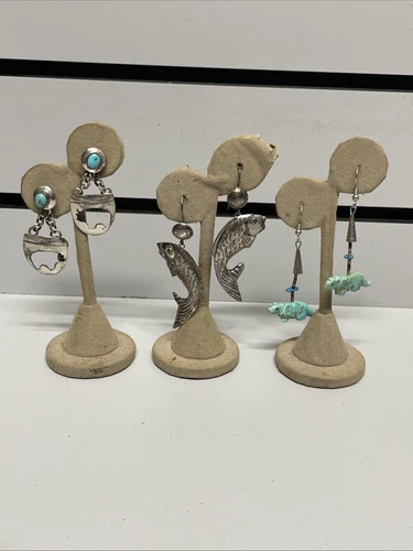 3 Pair Sterling Silver & Turquoise Tribal Earrings