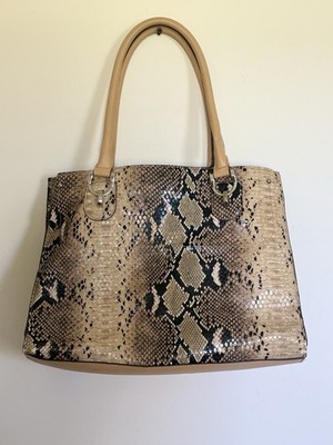London Fog Beige Brown Snake Print Tote Bag with Zip Closure and Inner Pockets