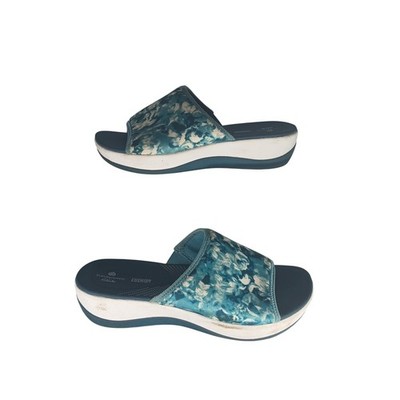 Clarks Cloudsteppers Arla Glade Blue Floral Wedge Slide Sandals Womens 7 M
