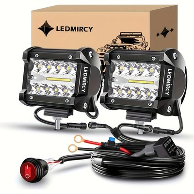 Pair 4''Inch LED Work Light Bar Spot Flood Pods Fit For Jeep ATV with Wiring Kit