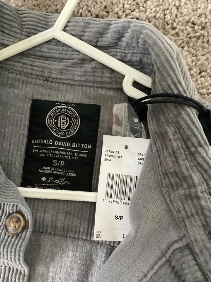Camisa de Pana Buffalo David Bitton Jeremias S Gris Manga Larga Informal $109 Nueva con Etiquetas Foto 3 de 4