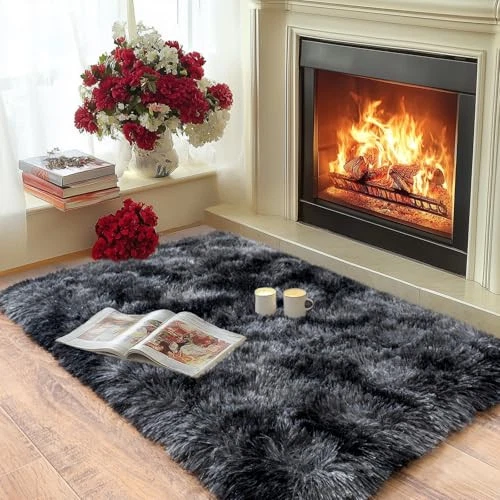 Fluffy Small Rug for Bedroom Shag Soft Area Rug, Modern 2x3 Feet Dark Grey - Image 2 of 4