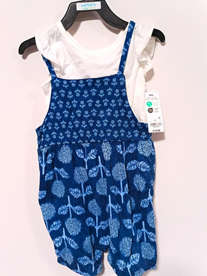 Carter's Girls 2pc Blue Floral Overall Set White Short Sleeve T-Shirt 9-12M