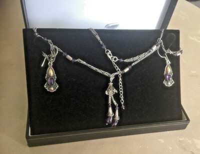 Vintage 925 Silber Natur Poliert Amathyste Ohrringe und Halskette Set