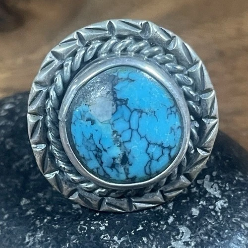 Vintage Turquoise Silver Ring Stamped Size 6.5 Rope Bezel 5.23g