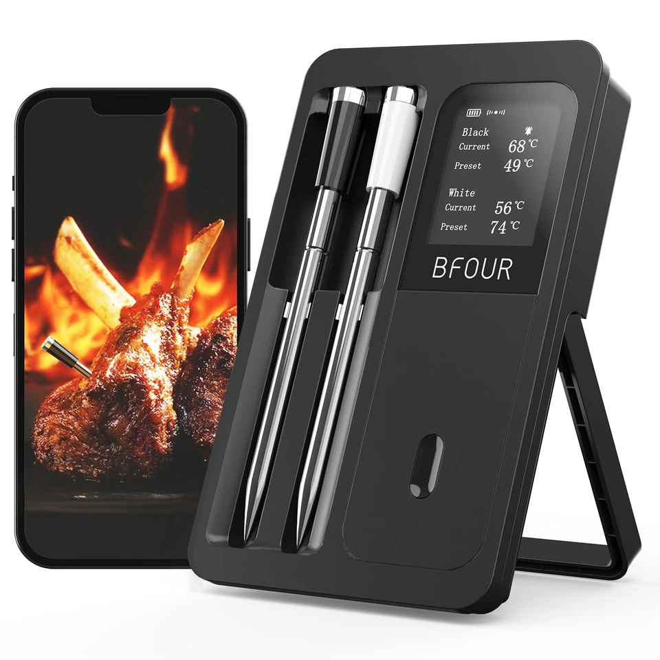 BFOUR Fleischthermometer kabellos Bluetooth 2 Sonden LCD-Display APP-Steuerung
