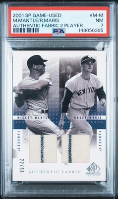 2001 SP GAME USED DUAL FABRIC #M-M MICKEY MANTLE ROGER MARIS #/50 PSA 7 NM POP 2