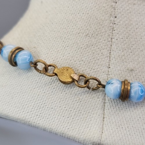 Collar vintage con cuentas de vidrio tono oro azul clip de papel cadena Art Deco 17" - Imagen 7 de 12