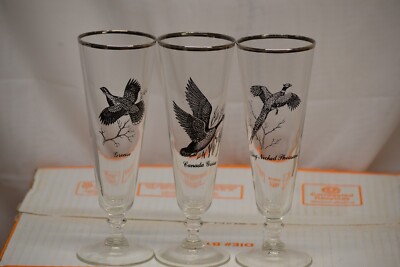 3 VINTAGE CHAMPAGNE GLASSES HUNTING RING NECKED PHEASANT, GROUSE & CANADA GOOSE