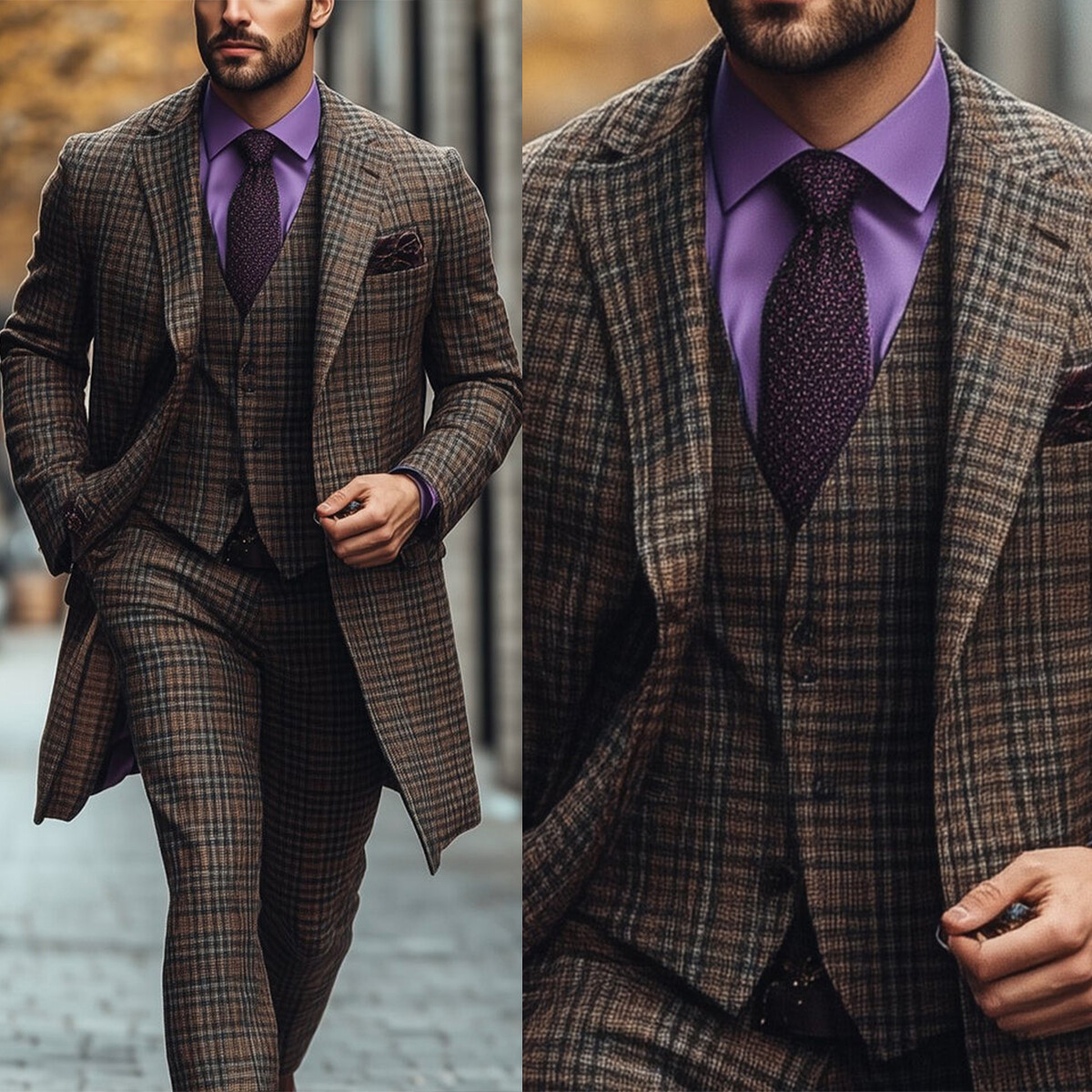 Men's Brown Plaid Suits 3 Pieces Regular Fit Mid-length Business