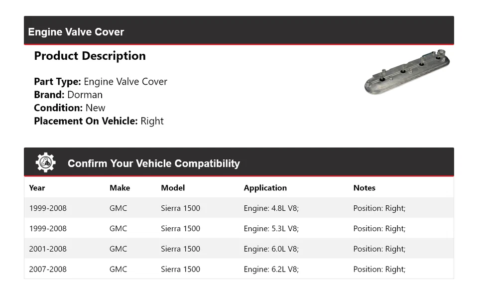 Cubierta de válvula de motor derecha para GMC Sierra 1500 Dorman 1999-2008 2000 2001 2002 Foto 2 de 4