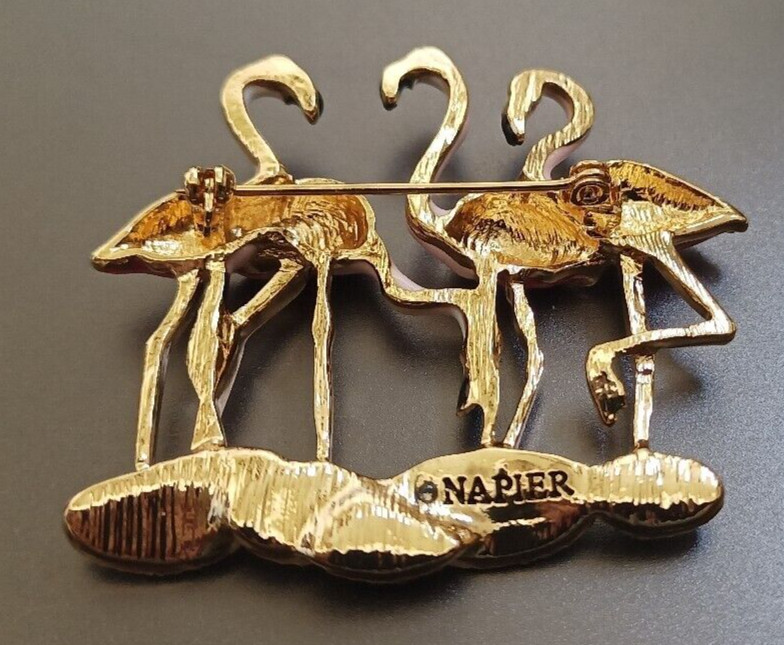 New Napier Gold Tone Flamingos with Simulated Crystals Pin