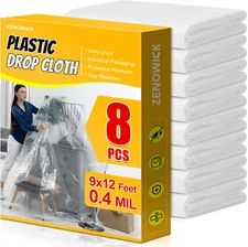 8 Pack Plastic Drop Cloth, 9X12 Ft Plastic Sheeting for Painting, Dust-Proof Tea