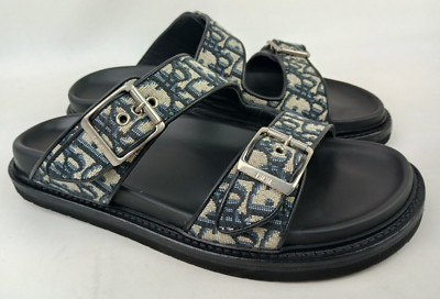 Dior Beige Black Aqua Sandals Oblique Jacquard Slides Size 41