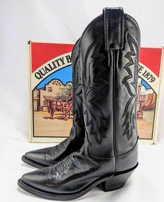 Vtg Justin Black Leather Cowboy Boots Boys Youth Size 4 Women 5/6