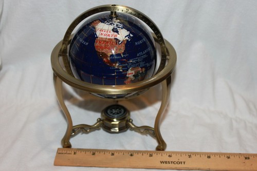 Lapis Gemstone World Globe 8" Desk Top Semi Precious Stone Inlaid Compass - Picture 3 of 4