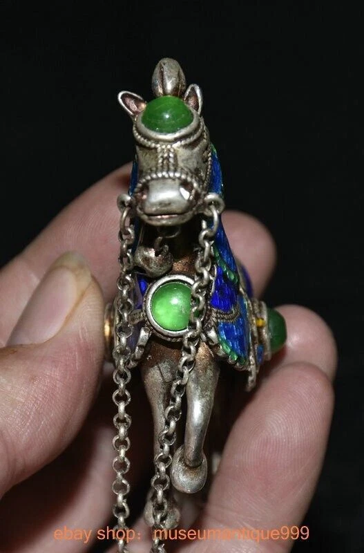 3.6" Old Chinese Silver Cloisonne inlay Green jade Fengshui Animal horse statue - Image 4 of 4
