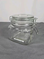 Square Glass Jar w/ Hinge Glass Lid Canister Storage Clear Honey Candy 4"x4"x4"
