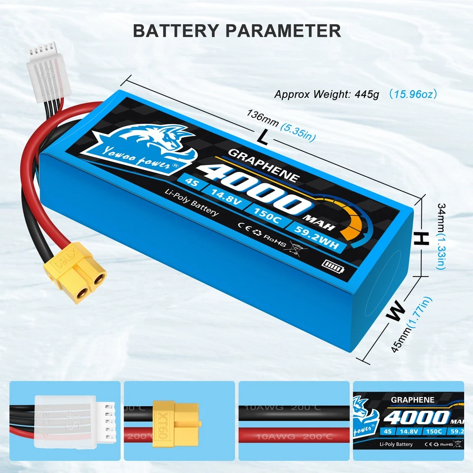 2pcs Yowoo 4S 14.8V 4000mAh XT60 150C Lipo Battery Graphene for RC Drone Truck - Image 2 of 4