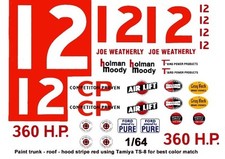  12 Joe Weatherly Holman - Moody 1960 Ford 1/64th HO Scale Slot Car Decals