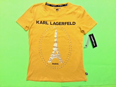 KARL LAGERFELD Women's Short Sleeve T-Shirt Paris Eiffel Tower XS Yellow w/Gold