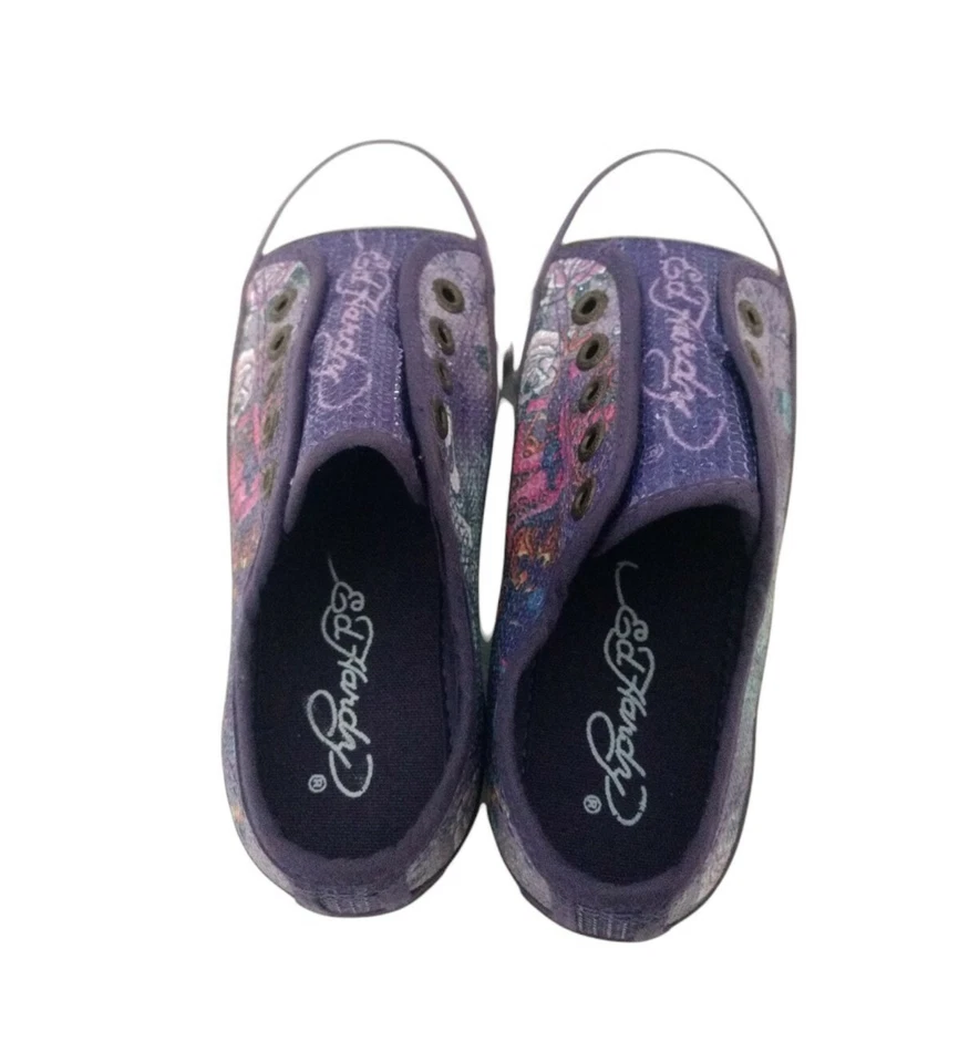 Ed Hardy Niñas Niños Zapatos Talla 2 Tenis Púrpura Lona Brillante Sin Cordones Moda Foto 3 de 4